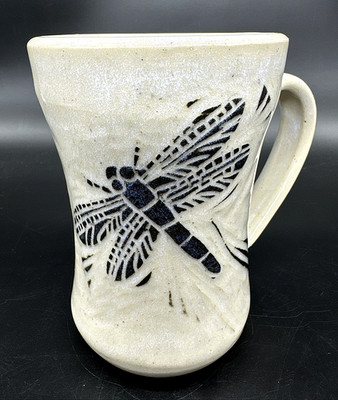 Studio Art Pottery Black Dragonfly Latte Mug 16 oz Signed Jean Wells EUC