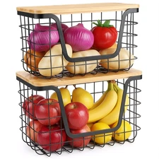 2-Pack Stackable Wire Basket - Black Trash Bag Holder with Bamboo Tops for Pr...