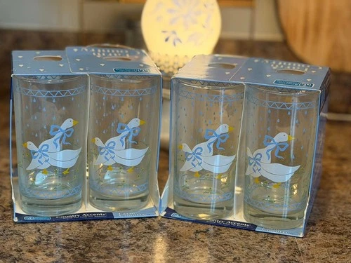 Vintage 1987 Anchor Hocking Farm Country Goose Blue Bow 16 Oz Tumblers Set Of 4