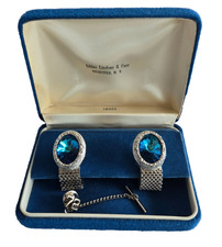 Vtg Swank Blue Rivoli Wrap Around Mesh Cufflinks Tie Tack Set 1972 MCM Boxed