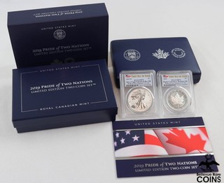 Set 2 monete d'argento Orgoglio delle due nazioni 2019: aquila d'argento e foglia d'acero PCGS PR70