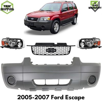 Front Bumper Cover Textured Plastic & Headlights Kit For 2005-2007 Ford Escape