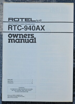 ROTEL RTC-940AX Tuner Preamplifier Owners Manual (ORIGINAL)