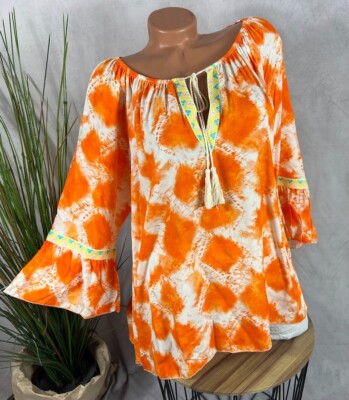 BREEZY summer BLOUSE Carmen tunic top Italy tassels ORANGE 38 40 42