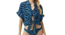 MICHAEL Michael Kors Camp Shirt Cover Up Zebra Blue  S 