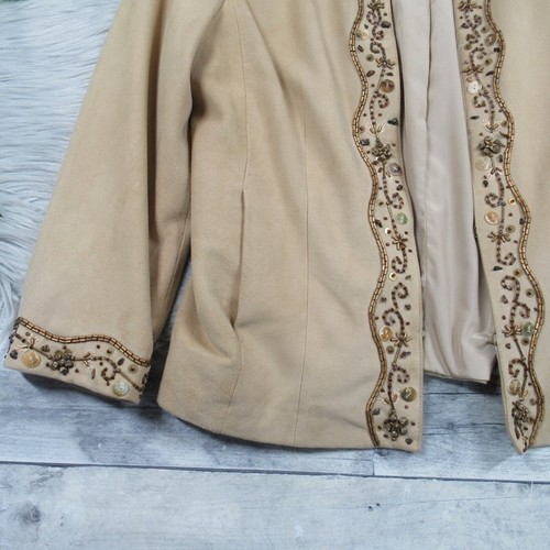 COLE HAAN Tan Suede Beaded Cropped Jacket 3/4 Sleeve Women’s Size Small - Picture 5 of 14