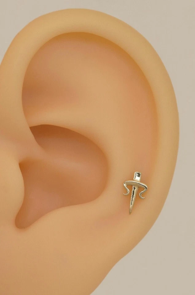 14K Solid Gold Dagger Stud Earrings For Women Cute Sword Piercings Jewelry. - Image 4 of 4
