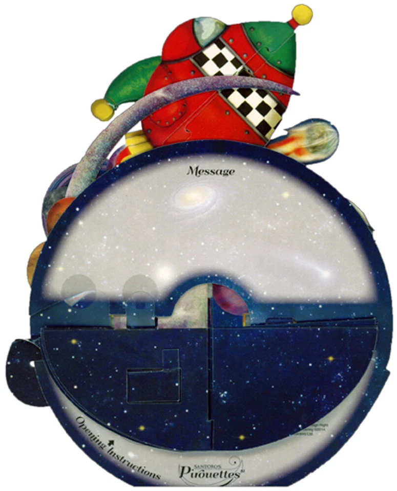 Tarjeta de felicitación de recuerdo emergente 3D piruetas Santoro de la nave espacial roja y planetas Foto 2 de 3