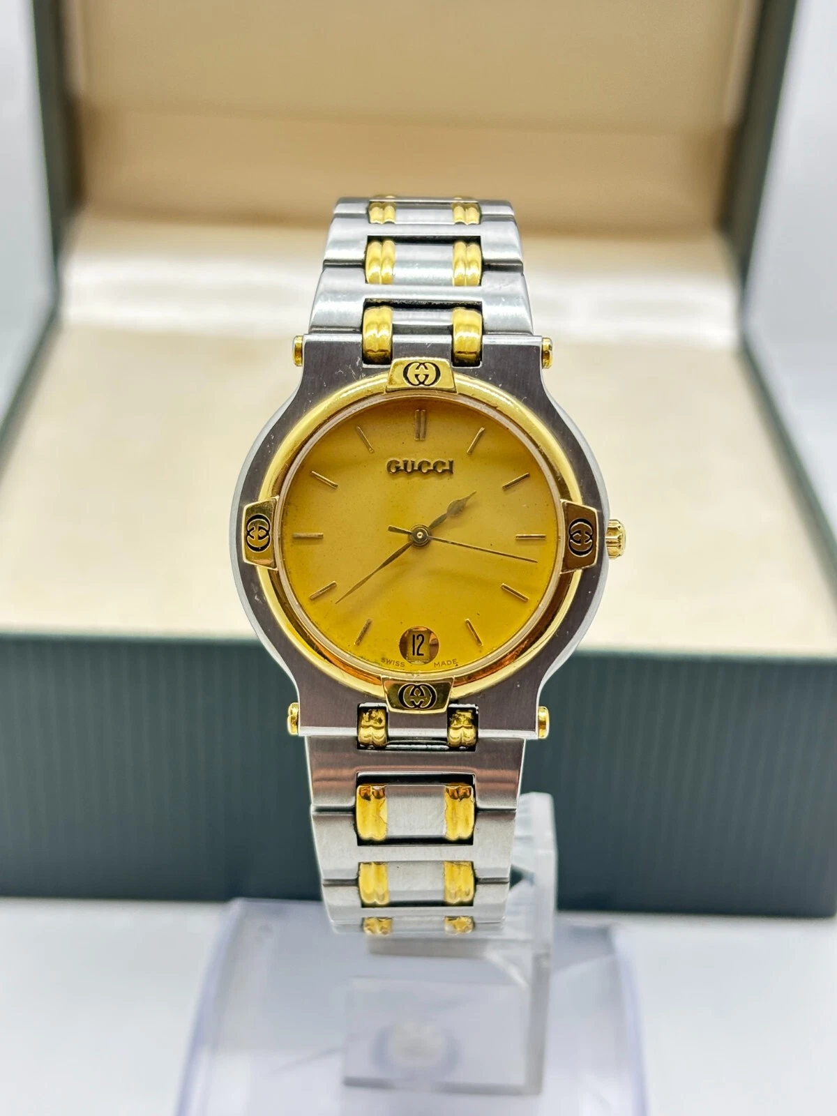 [Presque comme neuve avec boite] Montre GUCCI 9000M OR argent DATE quartz homme occasion fonctionne