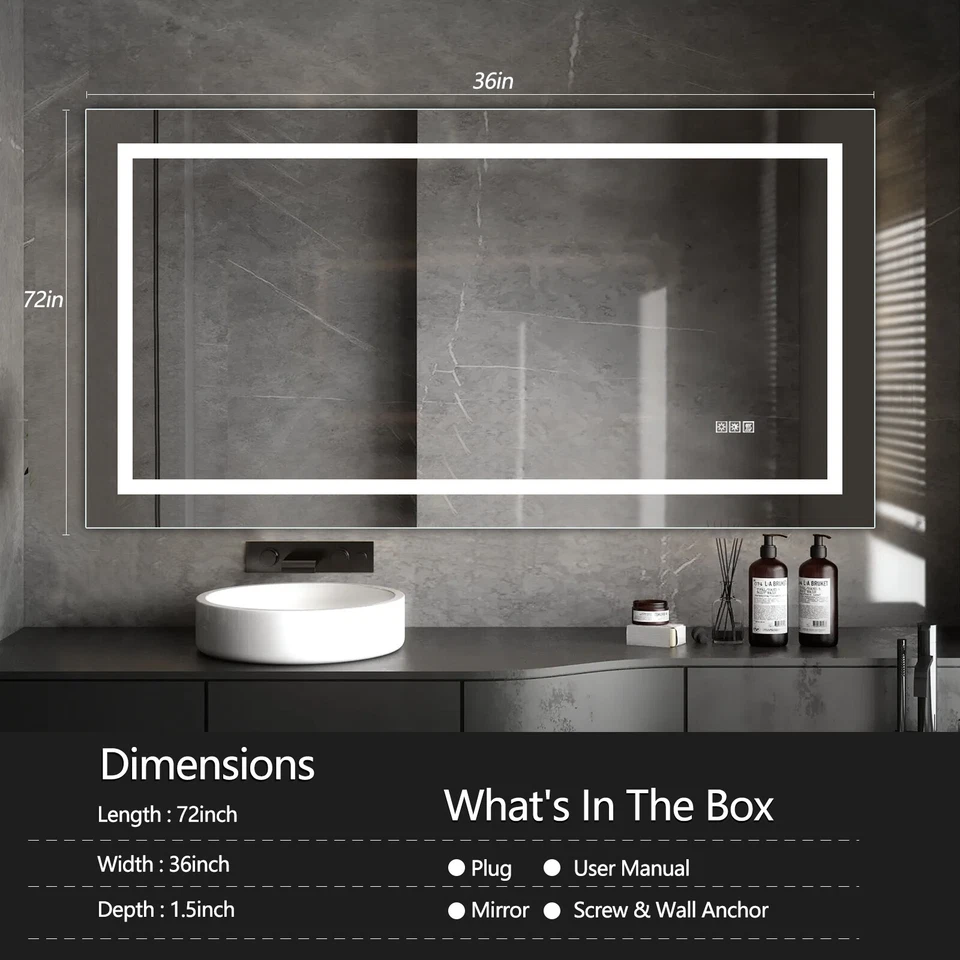 Espejo de baño LED de 72"" x 36"" luz regulable con temperatura de color infinito antiniebla Foto 2 de 4