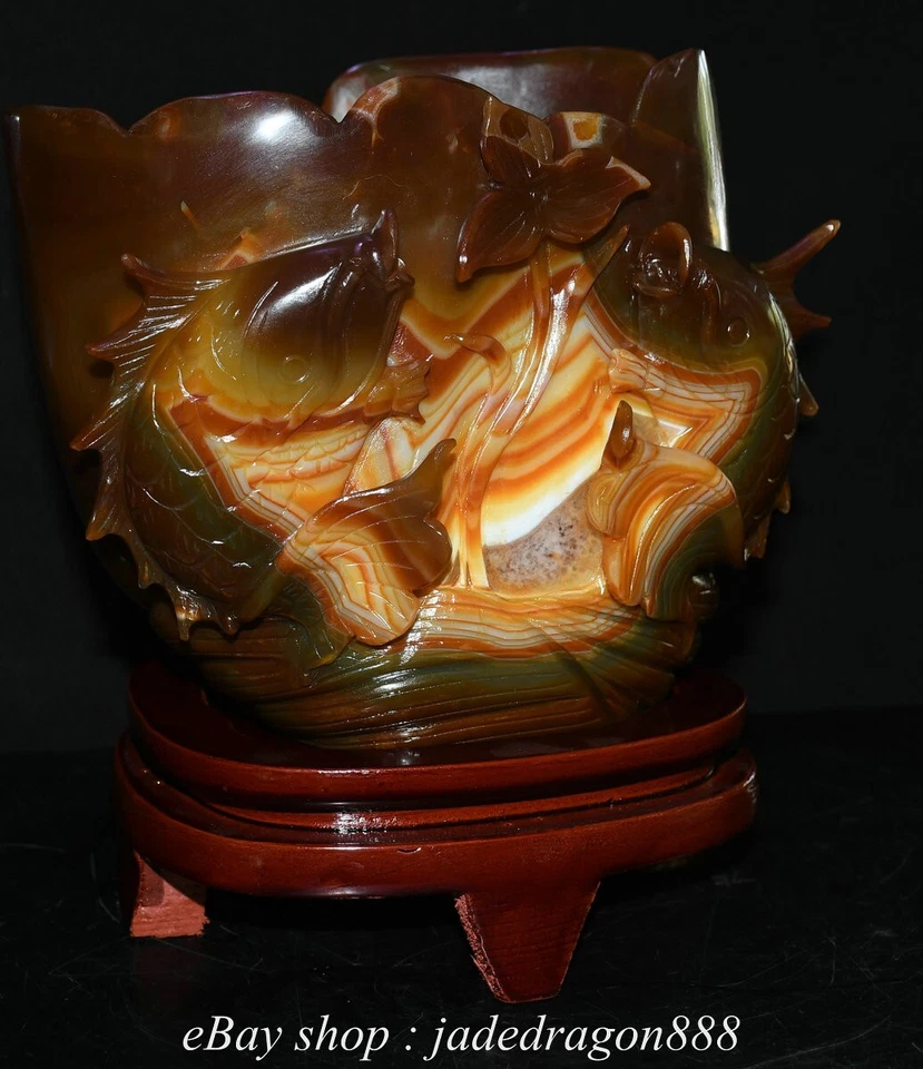 Jarrón lápiz maceta cepillo 2 peces tallado ágata roja blanca marca china de 8,4" Foto 4 de 4