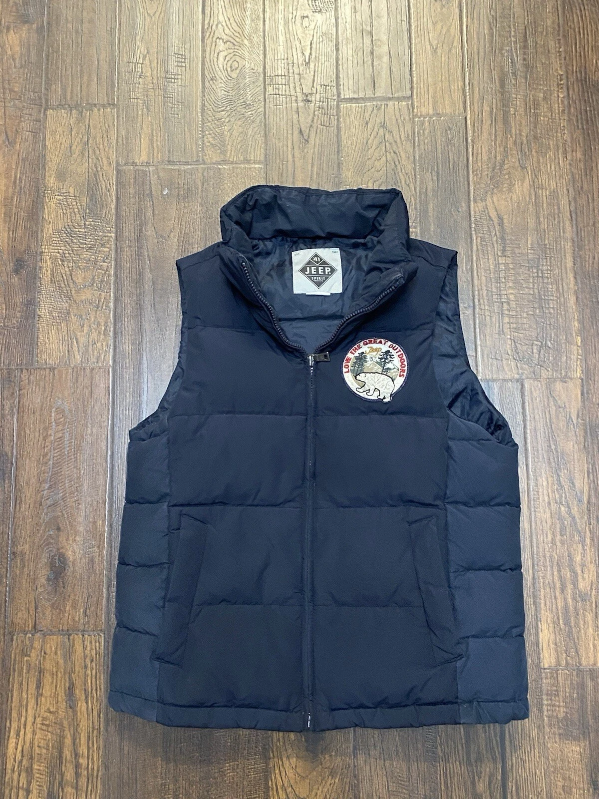Jeep Spirit 1941 Puffer Vest Patch Logo Mens Small Blue Outdoors Full Zip
