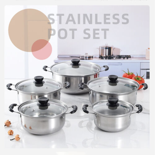 12/10pcs Stainless Steel Cookware Saucepan Set Pan Pot Kitchen Cooking Glass Lid - Picture 23 of 43