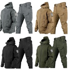 Warm Hooded Jacket Mens Combat Waterproof Tactical Coat With PANT Set UK Outdoor