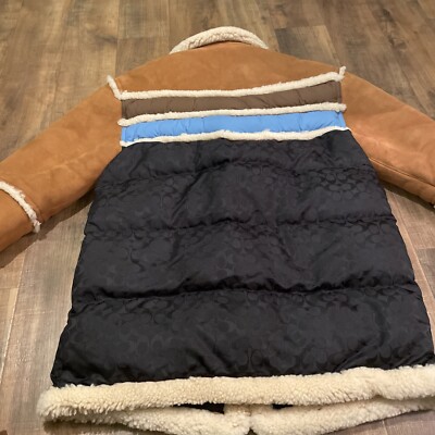 COACH Shearling Town Coat Brown Multicolor Chevron Mens Size