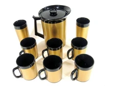 Vintage Set West Bend Thermo-Serv Black & Gold Mugs Cups Tumblers Pitcher