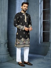 Men s Black Embroidered Kurta Ethnic Indian Wedding Festive Wear Designer Kurta