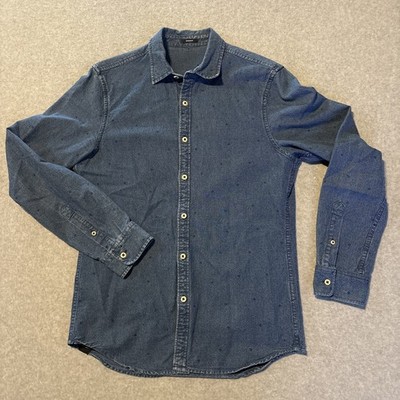 Men's Denham Ellis Denim Shirt M Mid Blue Indigo Washed Polka Dot Print Fitted