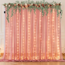 10Ft X 7Ft Dusty Rose Chiffon Backdrop Curtain with Lights String for Parites We