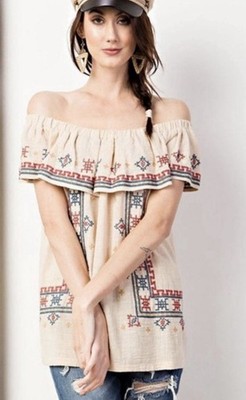 Anthropologie Easel Women s Embroidered Cross Stitch Peasant Top M