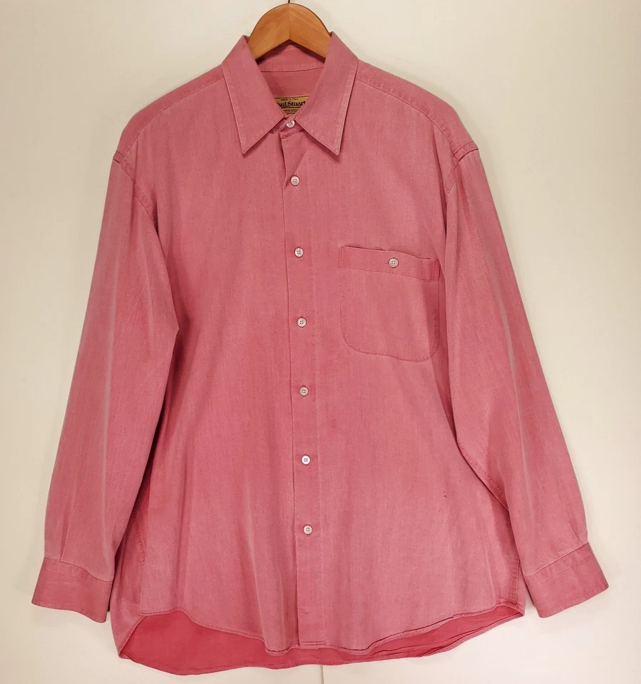 Винтажная мужская рубашка Paul Stuart на пуговицах L розовая саржа хлопковая смесь Италия - Изображение 2 из 4