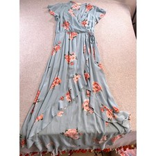 Altar'd State Floral Wrap Maxi Dress Blue Pink Boho Ruffle Hi Low Short Sleeve M