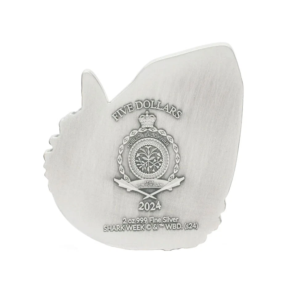 Moneda de plata 2024 Shark Week Great White Shark de 2 oz de Agoro acuñación de 1000 Foto 3 de 3