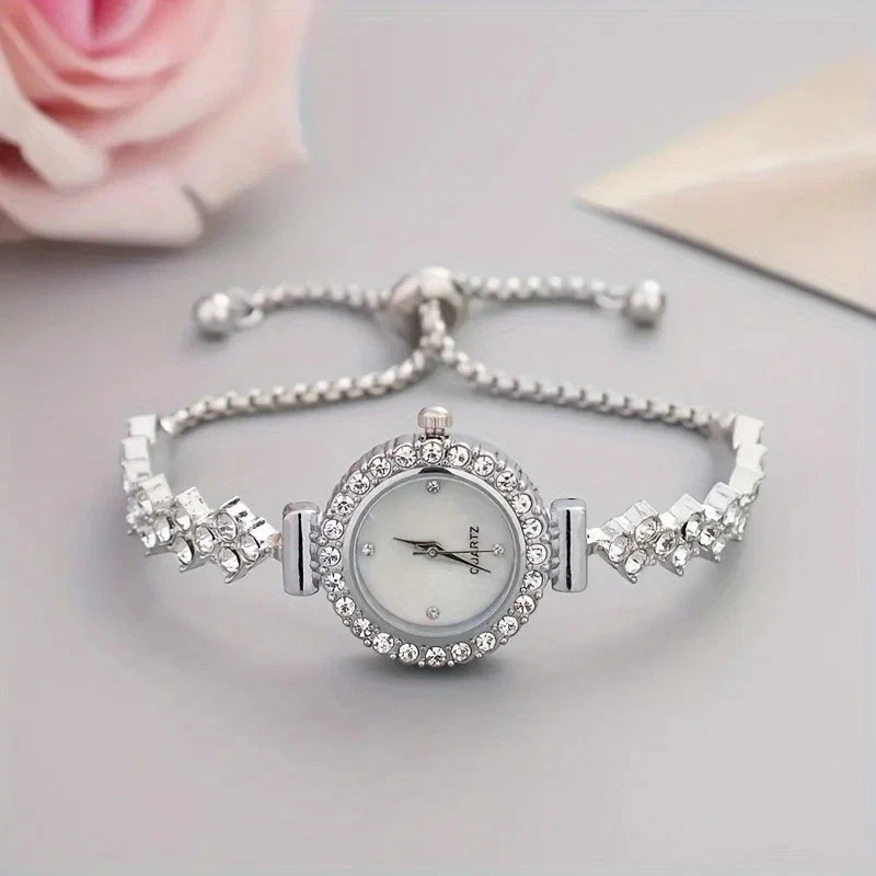 1 Pc Elegant Women's Quartz Watch Gold Bracelet Rhinestone Embellished Fashion