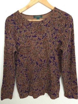 Lauren Ralph Lauren 100% Cotton Paisley Knit Top Purple Brown Long Sleeve L