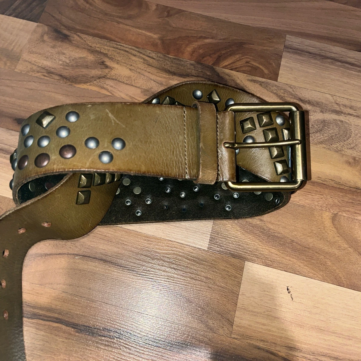 Linea Pelle Wide Leather Grommet Belt Women\'s‎ Brown Brass Double Prong Buckle S Walmart Double Grommet Belt, 43in Metal Eyelet PU Leather  main image 3