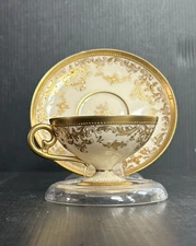 Antique Dresden Helena Wolfsohn Gold Encrusted Demitasse Cup and Saucer Set