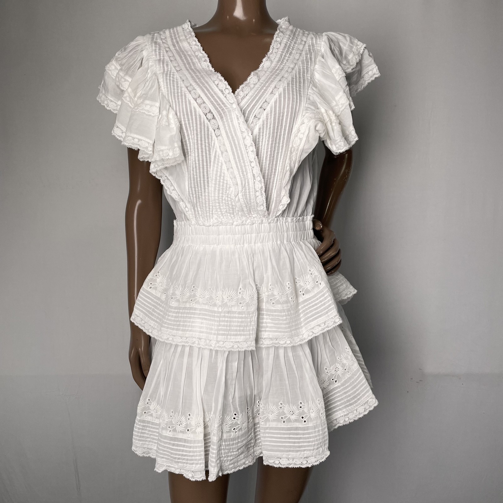 LoveShackFancy Womens Mini Dress White Size S Gwen Ruffle Cotton Eyelet V Neck