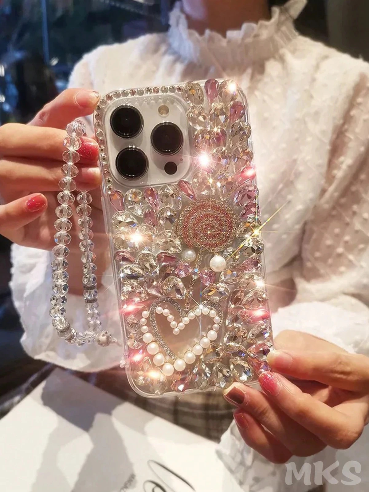 iPhone 16 Luxury Pink Rhinestone Faux Pearl Heart Shockproof Phone Case ...