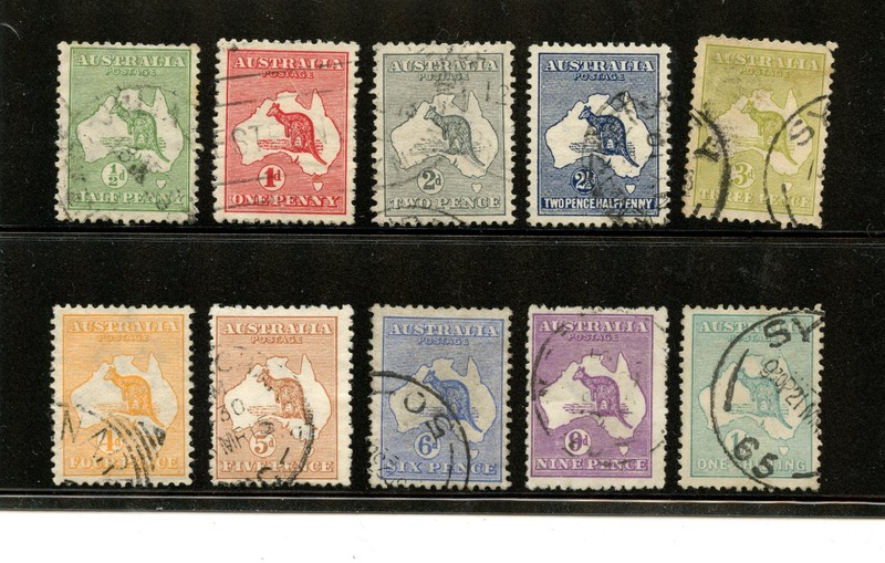 Australia #1-10 (A639) Kangaroo & Map of 1913, Used, F, FVF, CV$241.75