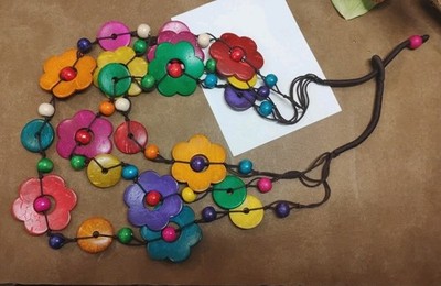 Artistic BOHO Colorful Dyed Coconut Shell FLOWER Beaded 20'' Toggle Necklace! 