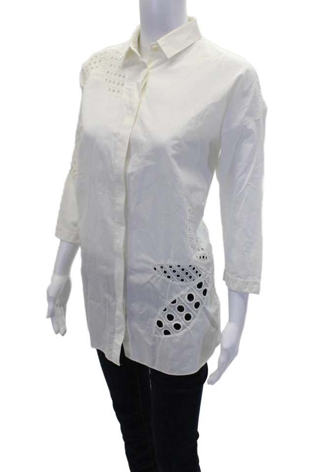 Camisa Akris Mujer Botón Frontal Manga 3/4 Cuello Blanco Algodón Talla 8 Foto 2 de 4