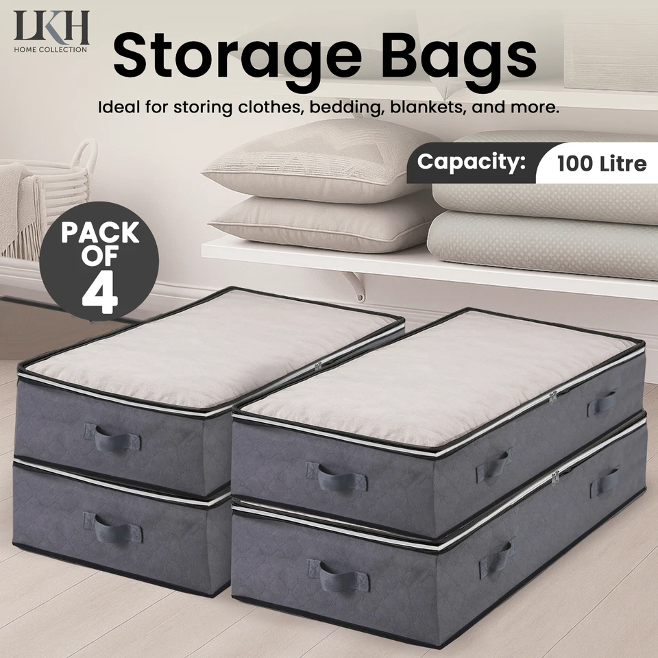 Under Bed Storage Bags 100L Pack of 4 Foldable Clothes Boxes with Zips & Handles - Image 2 of 4