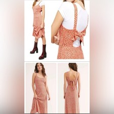 Free People Lorelai Orange White Floral Scoop Tie Back Midi Dress Women's Size L