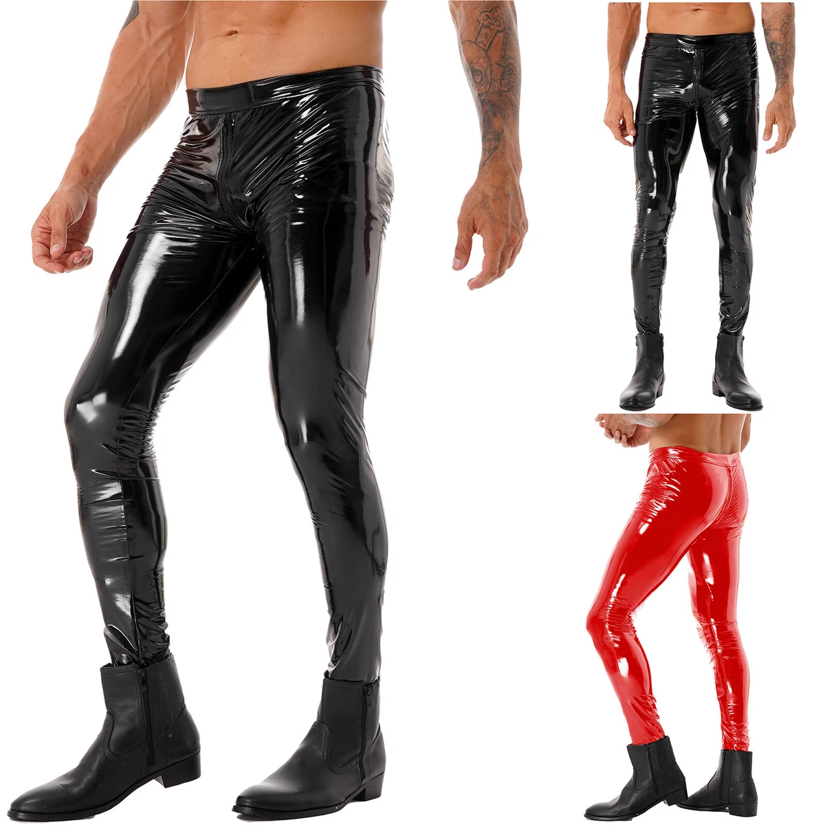 Pantalon homme fermeture clair entrejambe aspect humide cuir verni pantalon s