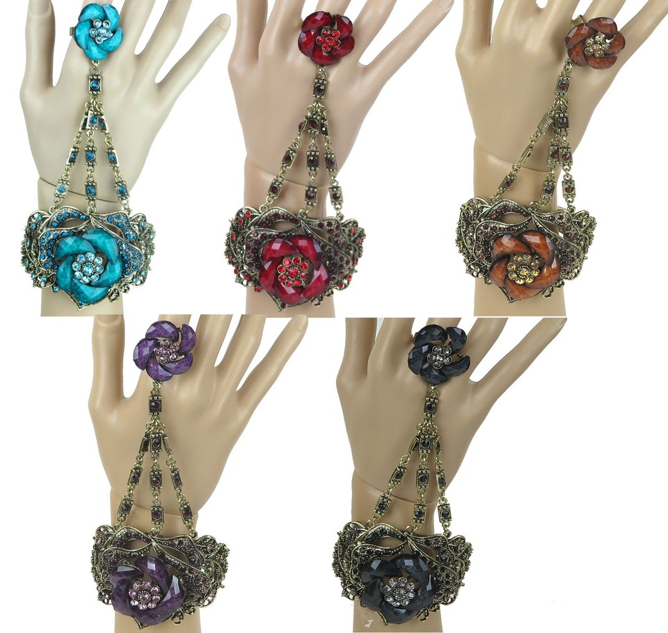 Bracelet Ring Gold Plated Rhinestones Women Fashion Jewelry 7"L - New
