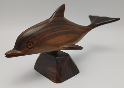 Dolphin Carved Wooden Figure On Base Smooth 8'' X 4'' Ironwood Ocean Decor