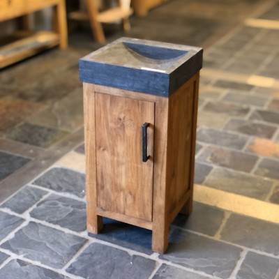 BANTAM Badmöbel Unterschrank aus Teakholz mit Blaustein Handwaschbecken 41x41x87