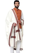 Men's Kashmiri Woven Border Woolen Lohi Shawl Stole Wrap White 50" X 100"