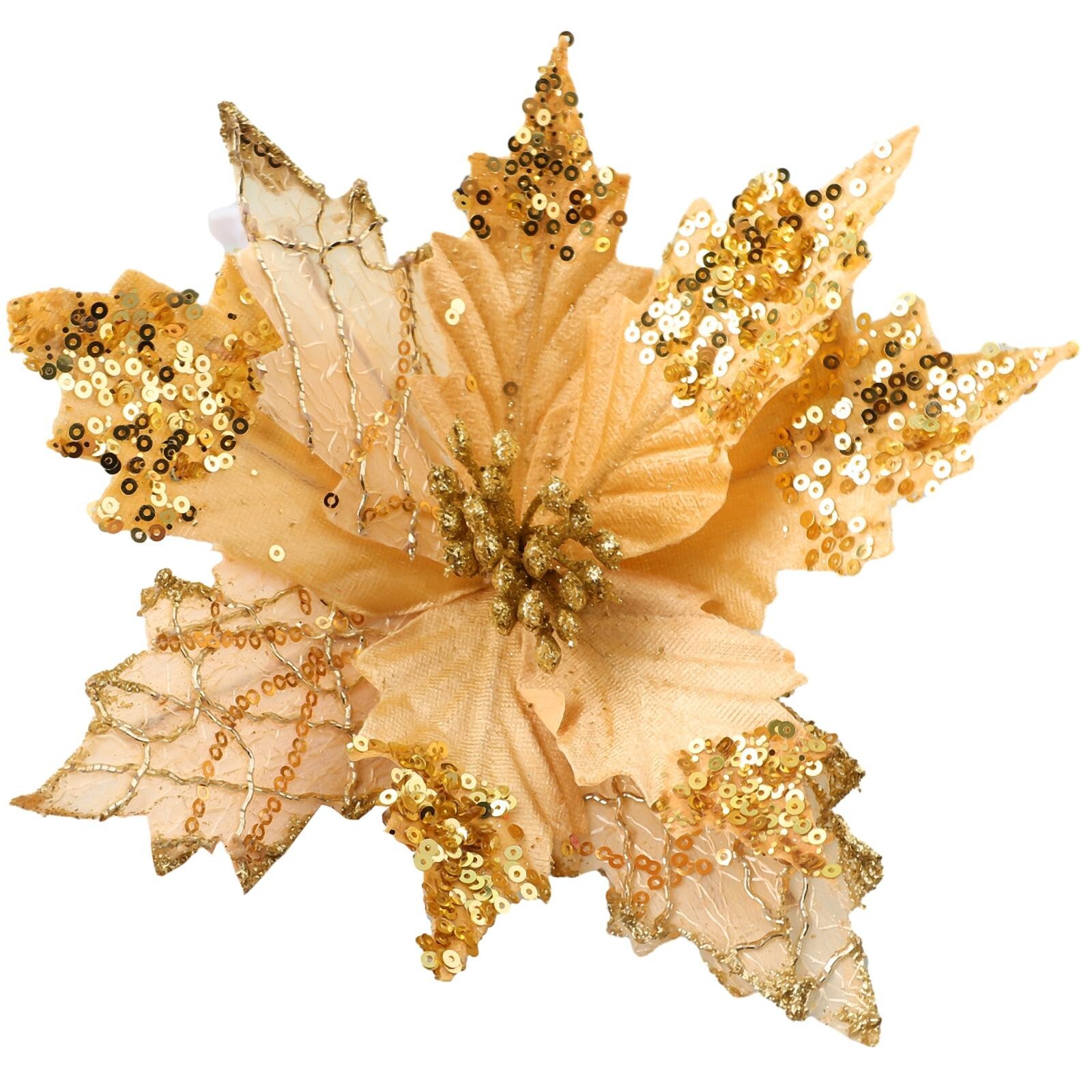 Sparkling Christmas Poinsettia Artificial Flowers for Xmas Tree Party