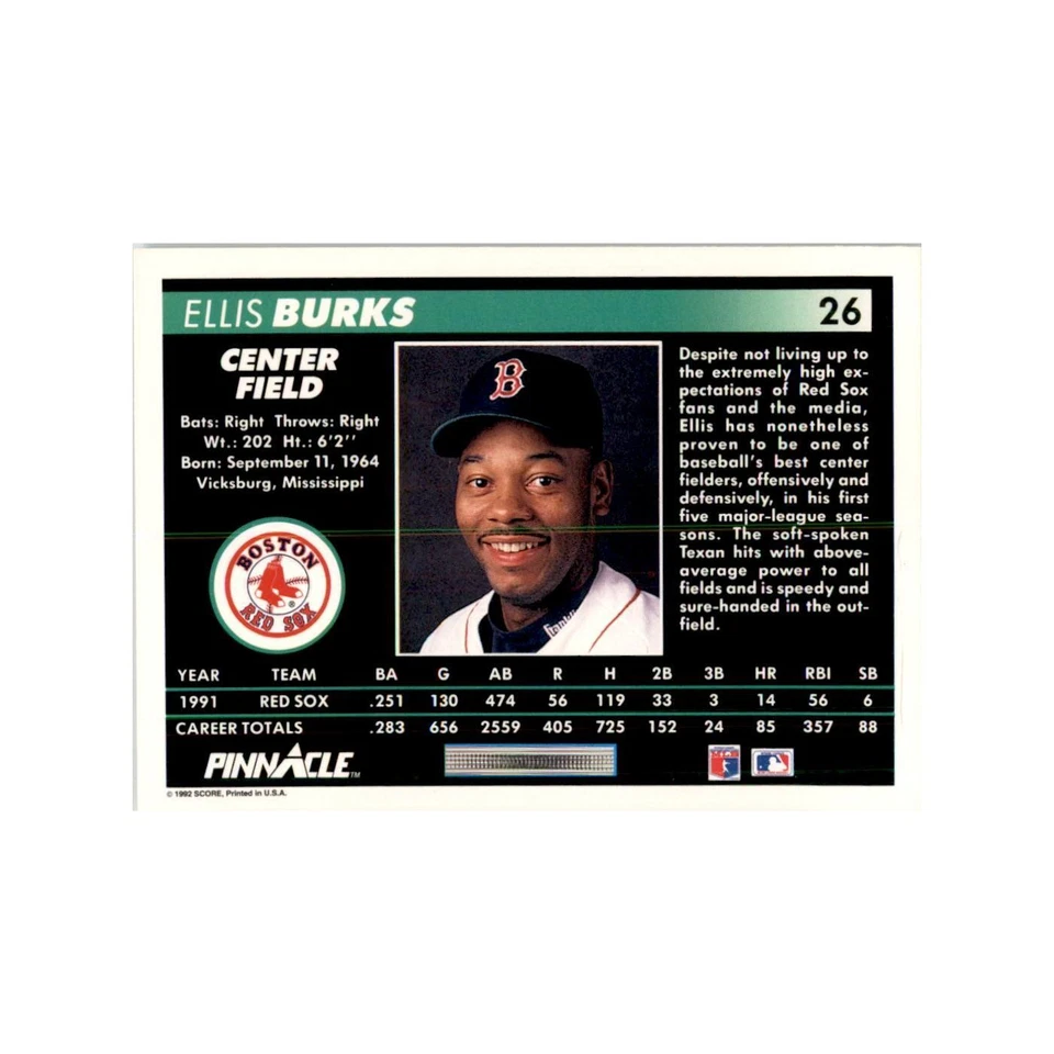 1992 Pinnacle Ellis Burks Baseball Cards #26 - Image 2 of 3