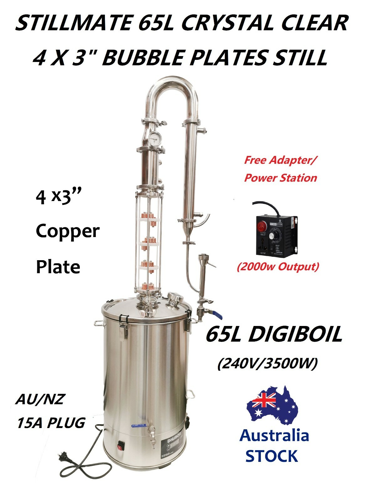 StillMate 65L Crystal Clear 4x 3" Plates Distillery Free Power station/Regulator