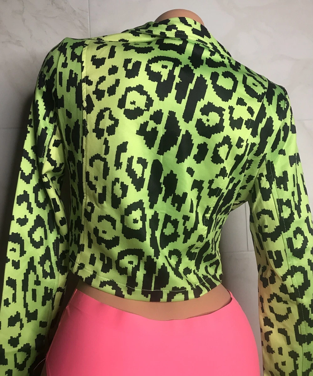 Carmin Neon Green Animal Print Crop Moto Zipper Jacket Jrs. Sz
