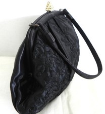 Vtg Handbag/Purse Black Satin Embroidery Trim
