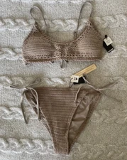 NWT Garage S women’s bikini set swim swimsuit crochet adjustable straps tie-side