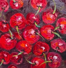 Cherry oil Painting Original Art Fruit Artwork Kitchen Wall Small Cherry red